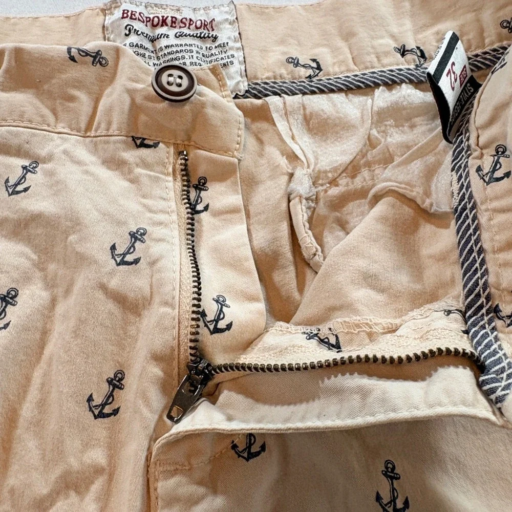 Bespoke Sport Anchor Print Chino Shorts Men 32 Tan Nautical Cotton Summer Casual
